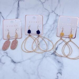 3 Pairs Avant Earrings Gold Tone Dangle Drop Variety